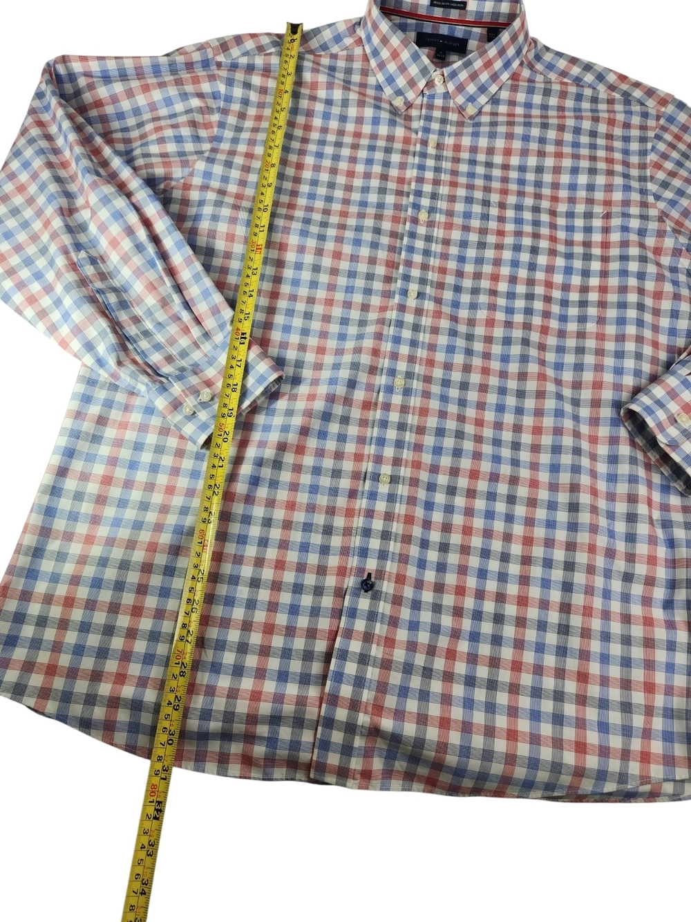 Tommy Hilfiger Mens 17 34/35 Plaid Button Down Shirt Regular Fit Red White Blue - Picture 15 of 16